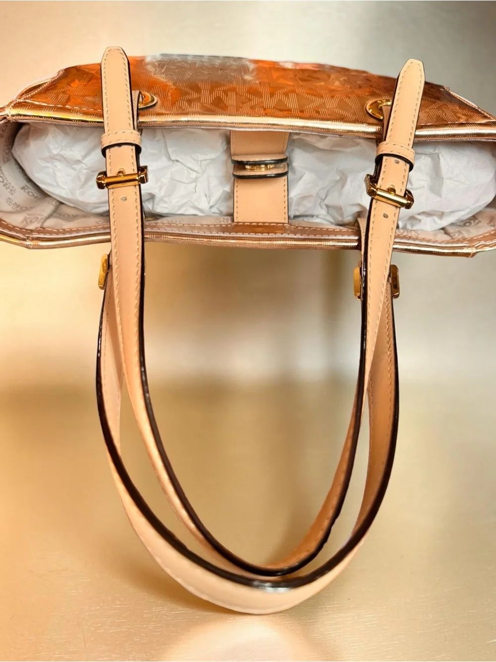 Michael Kors Jet Set Metallic Rose Gold Monogram Large Tote Bag. NWOT. MSRP $498